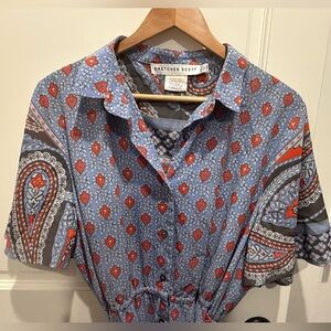 Gretchen Scott Designs Blue and Orange Patterned Shirt Dress with Belt